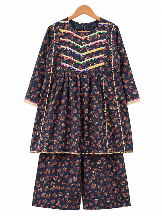 Girls Navy Floral Cambric Lawn 2-Piece Co-ord Set