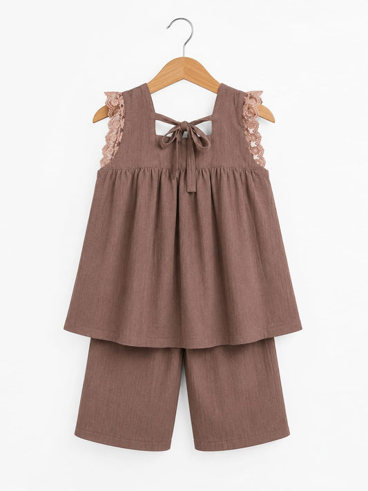 Girls Brown Crushed Lawn 2-Piece Co-ord Set with Net Lace
