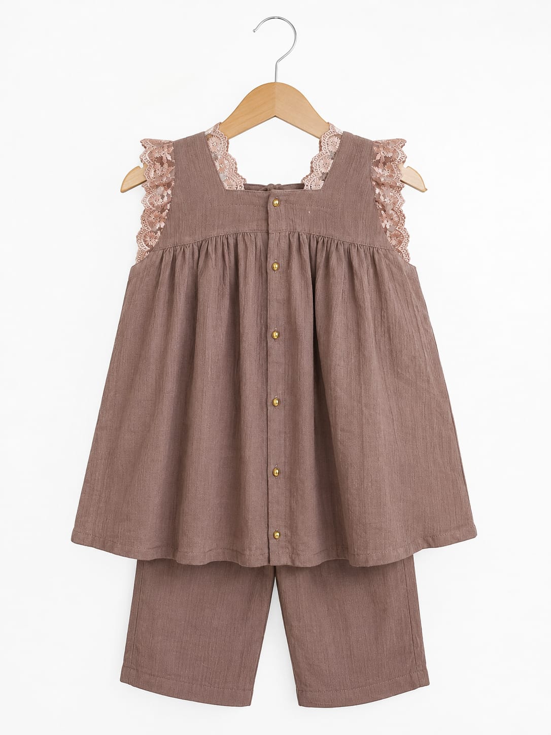 Girls Brown Crushed Lawn 2-Piece Co-ord Set with Net Lace