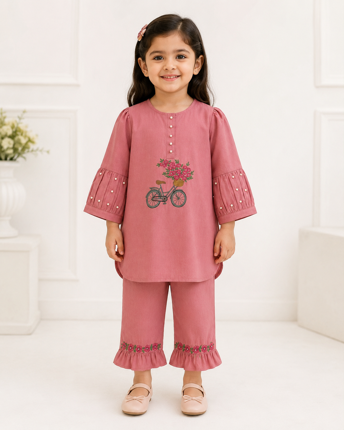 Girls Pink Lawn 2-Piece Embroidered Co-ord Set