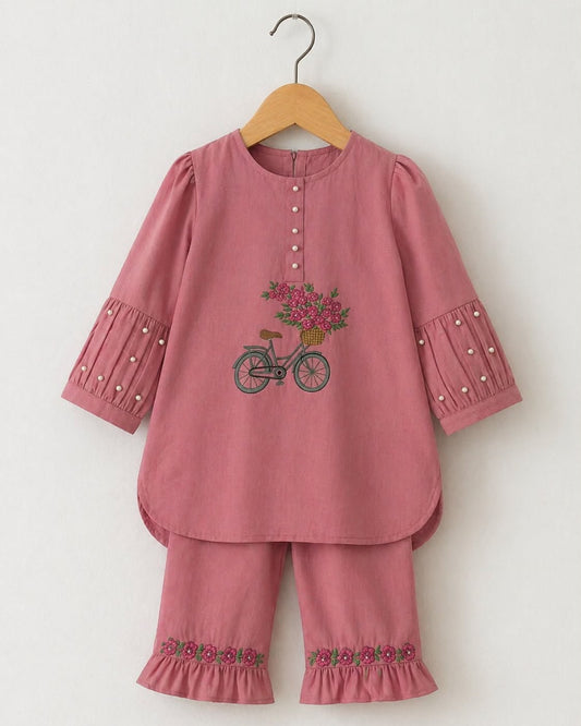 Girls Pink Lawn 2-Piece Embroidered Co-ord Set