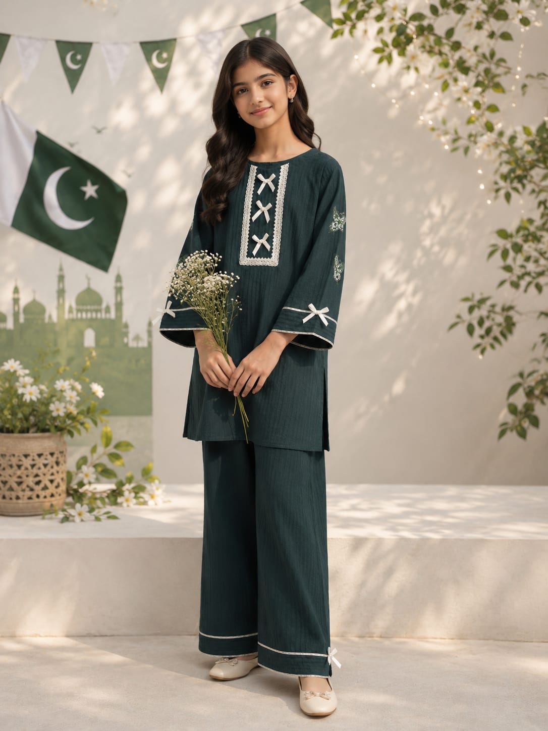 green shirt with bell bottom