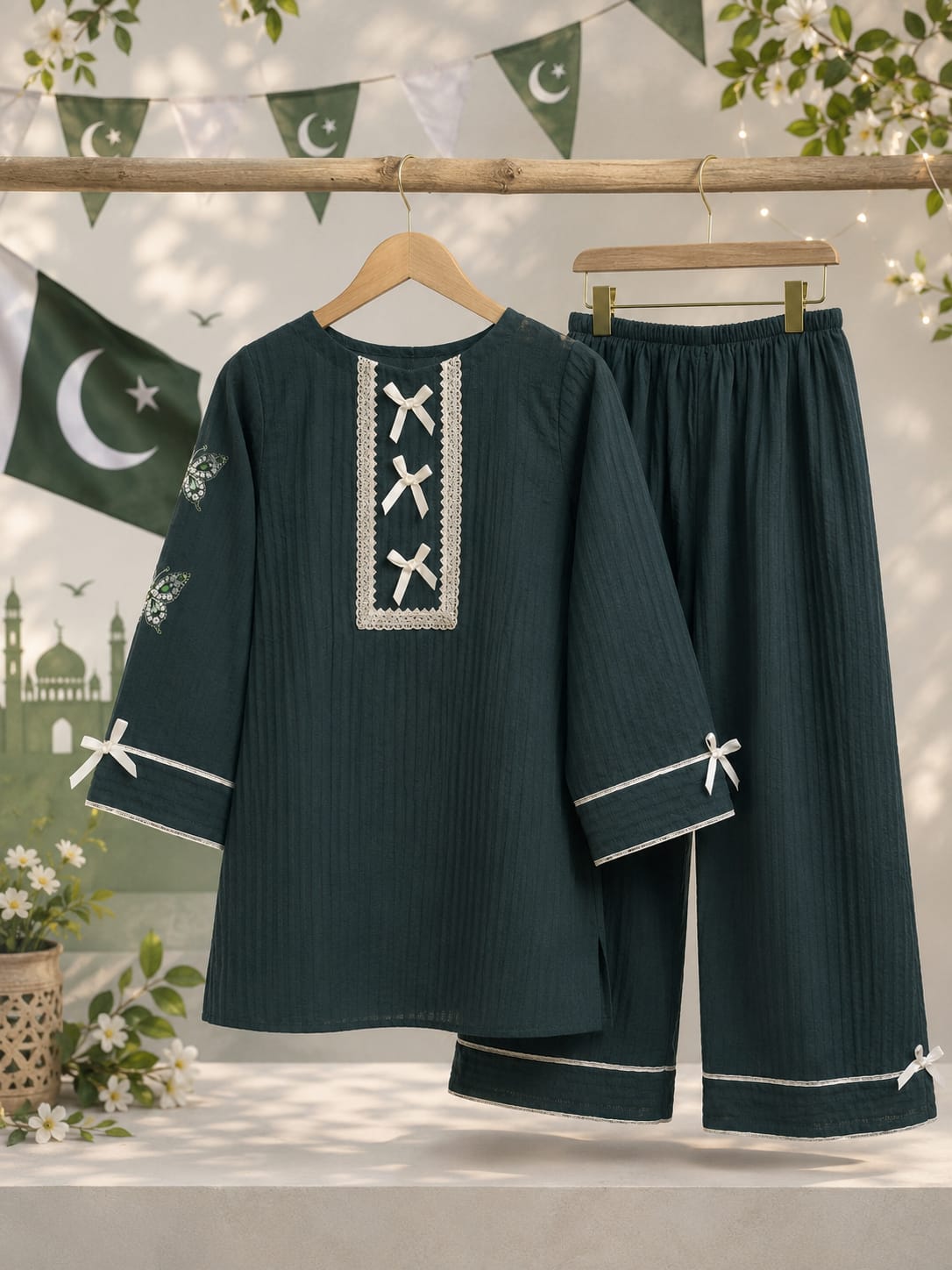 green shirt with bell bottom