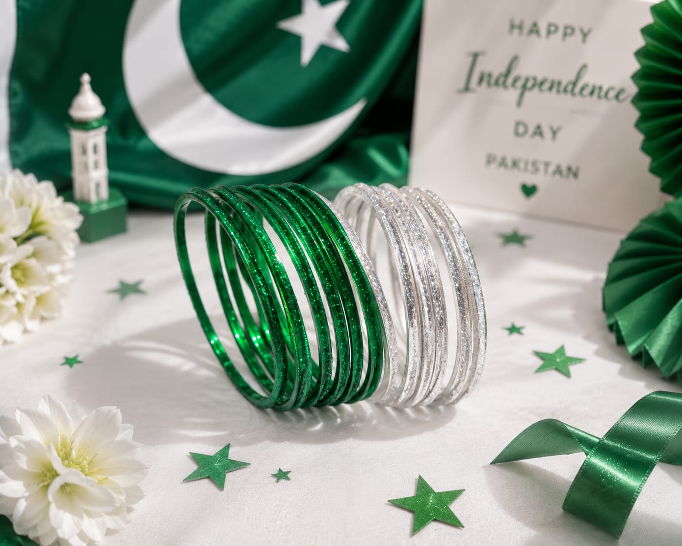 A set of bangles, including two green glitter bangles and two clear silver glitter bangles, displayed on a white surface decorated with Pakistani-themed items like a Pakistan flag, a 'Happy Independence Day Pakistan' card, and green stars.