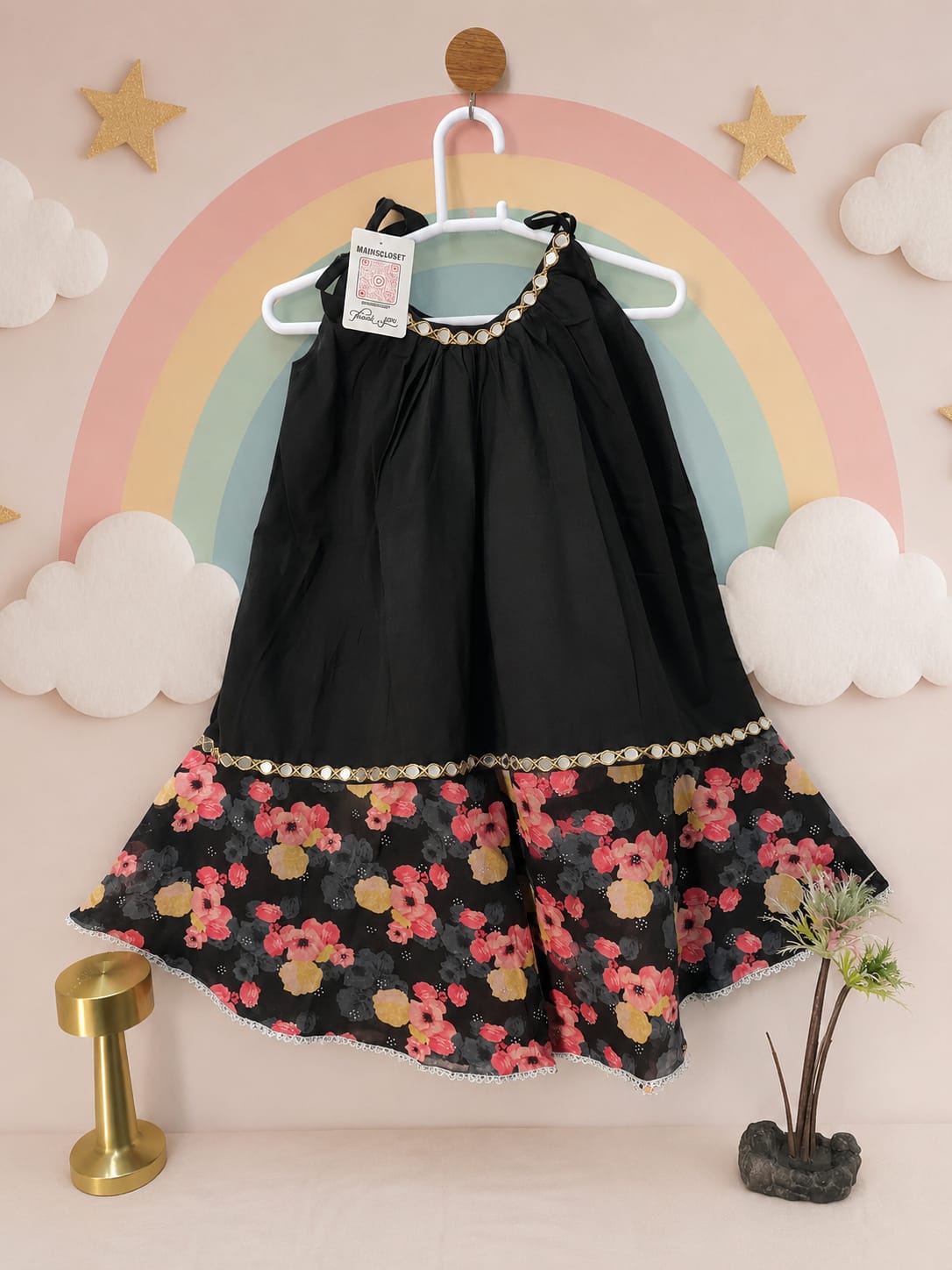 Girls Black Floral 2-Piece Gharara Shirt Set