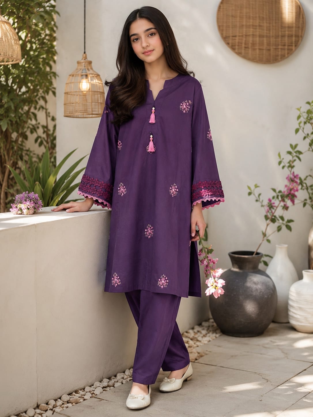 Teen Girls Purple Embroidered 2-Piece Co-ord Set