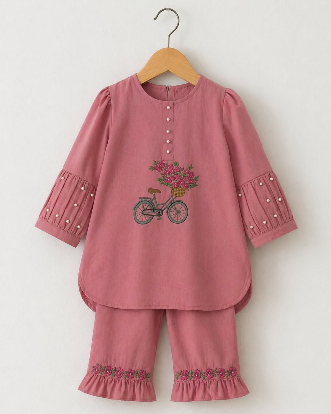 Girls Pink Lawn 2-Piece Embroidered Co-ord Set