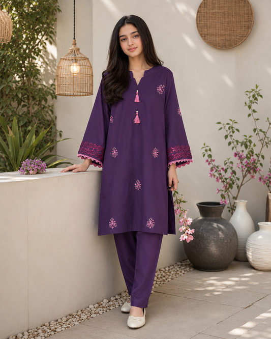 Teen Girls Purple Embroidered 2-Piece Co-ord Set