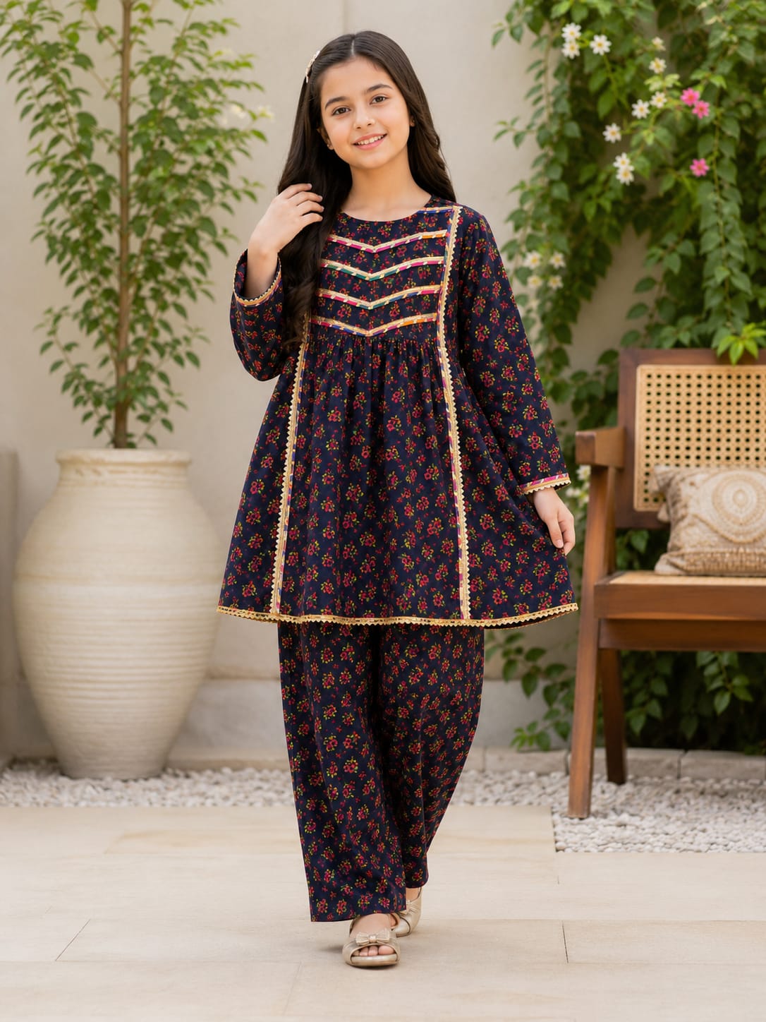 Girls Navy Floral Cambric Lawn 2-Piece Co-ord Set
