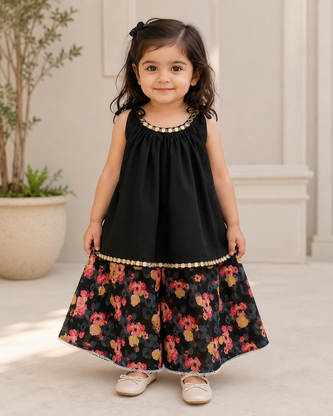 Girls Black Floral 2-Piece Gharara Shirt Set