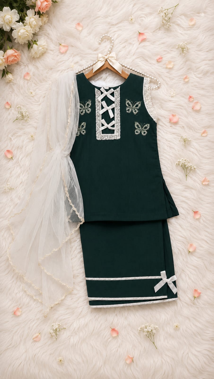 Girls Green 14 August 3-Piece Shirt Shalwar with Net Dupatta