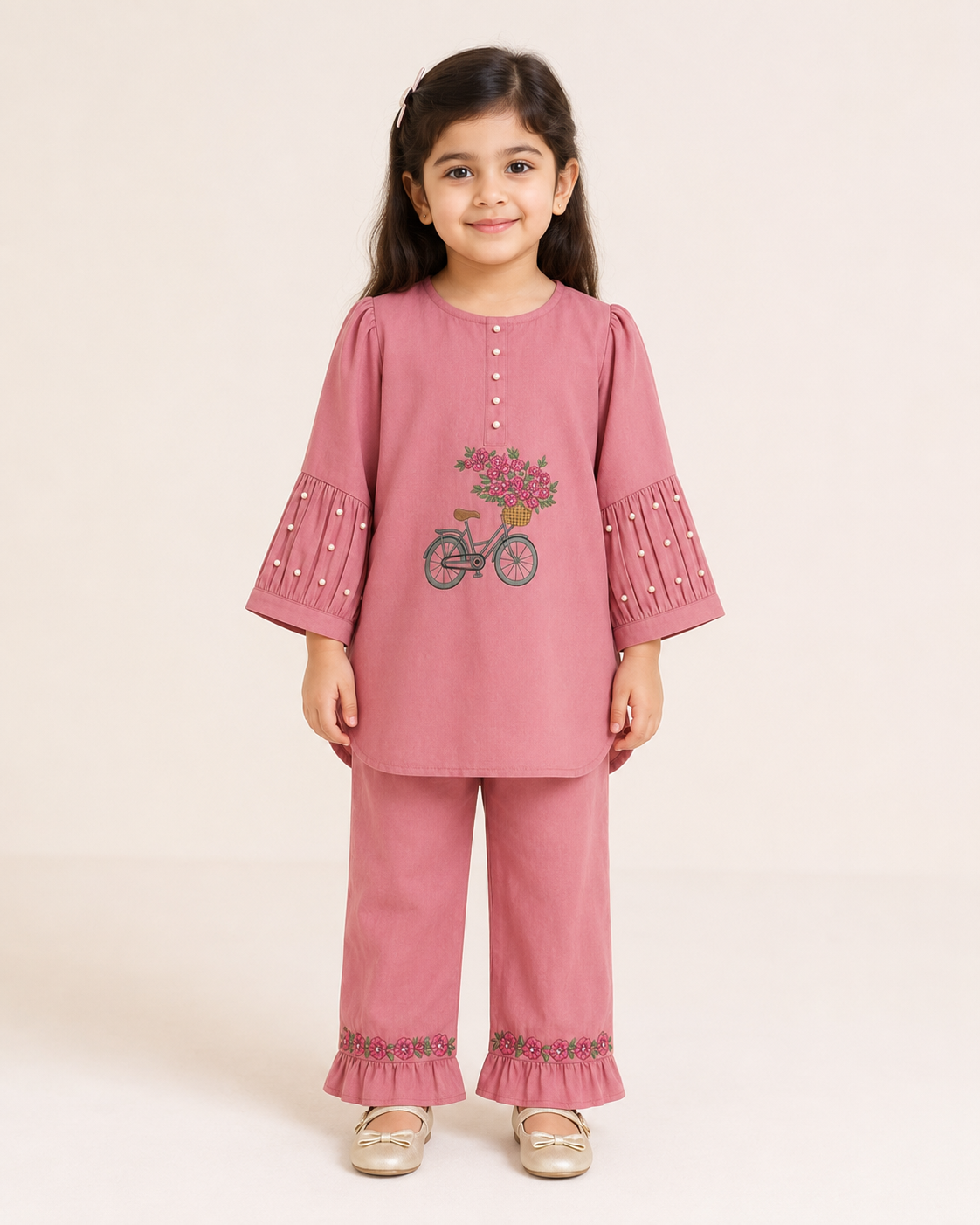 Girls Pink Lawn 2-Piece Embroidered Co-ord Set