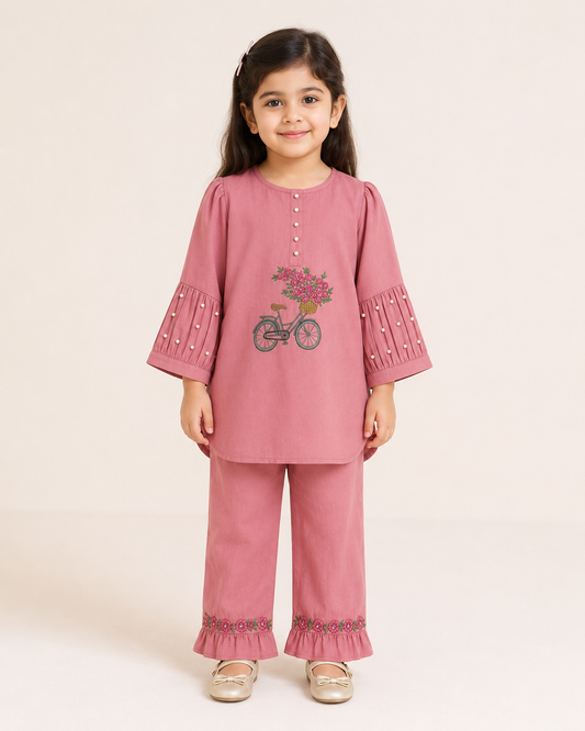 Girls Pink Lawn 2-Piece Embroidered Co-ord Set