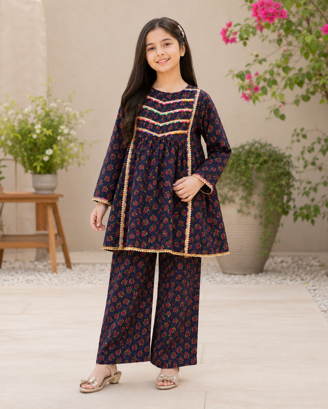 Girls Navy Floral Cambric Lawn 2-Piece Co-ord Set