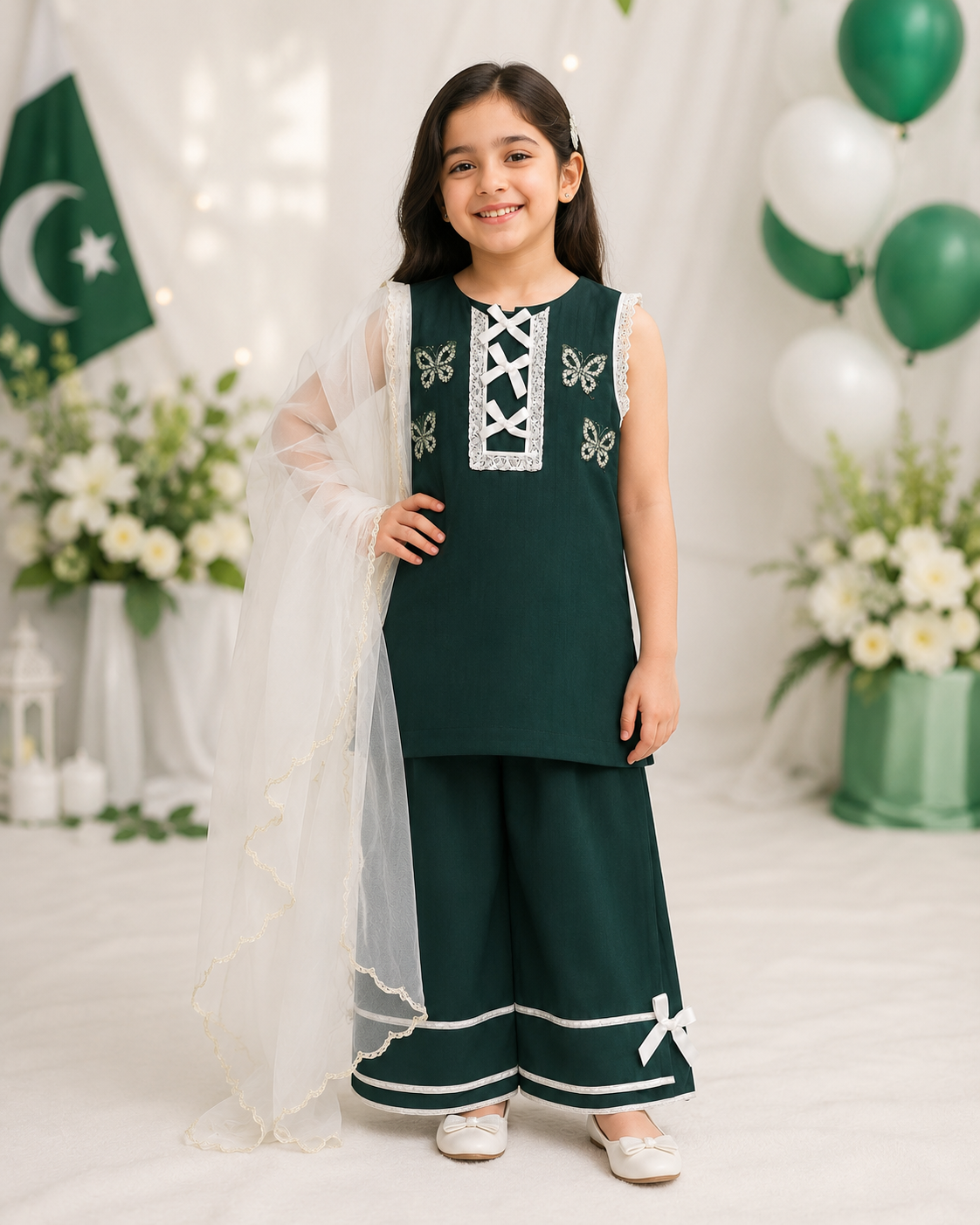 Girls Green 14 August 3-Piece Shirt Shalwar with Net Dupatta