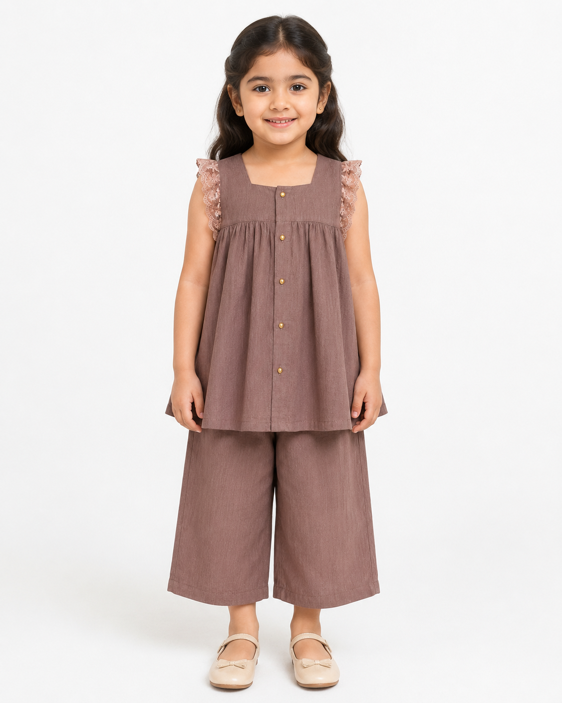 Girls Brown Crushed Lawn 2-Piece Co-ord Set with Net Lace