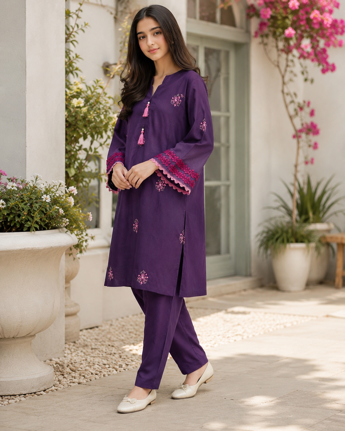 Teen Girls Purple Embroidered 2-Piece Co-ord Set