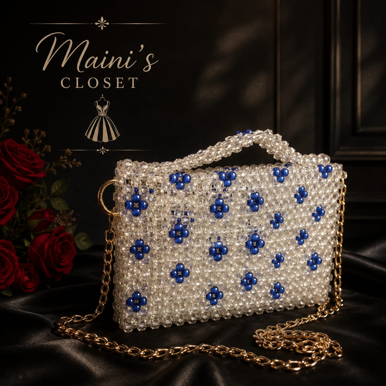HANDMADE srystal pearls of white and blue color bag