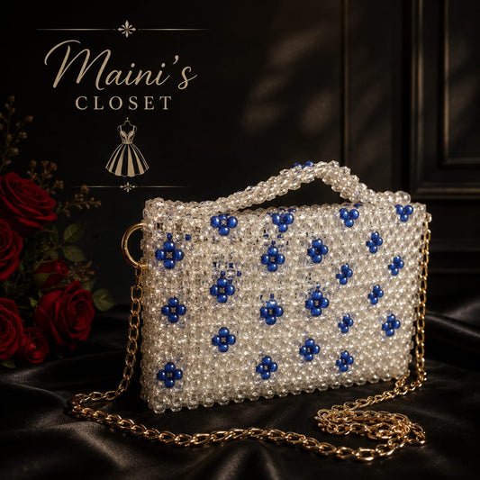 HANDMADE srystal pearls of white and blue color bag