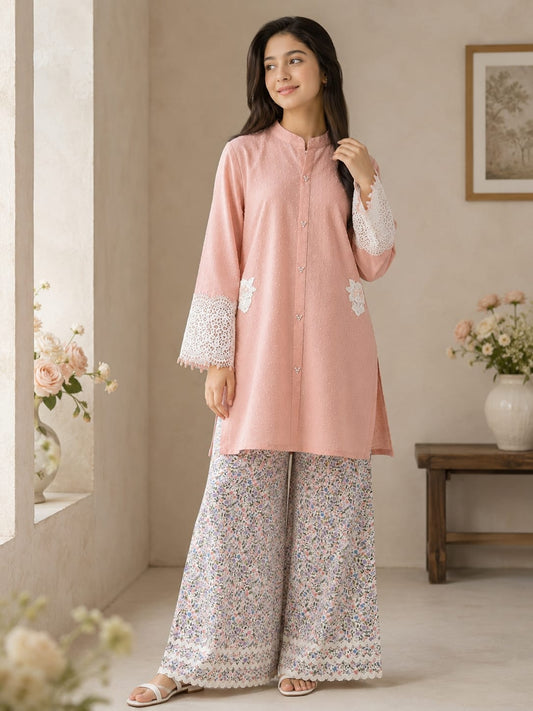 PEachy pink barushia lawn shirt set with Floral bottom