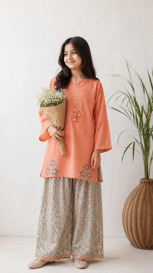 RUST clour broshia lwan shirt with floral farshi trouser