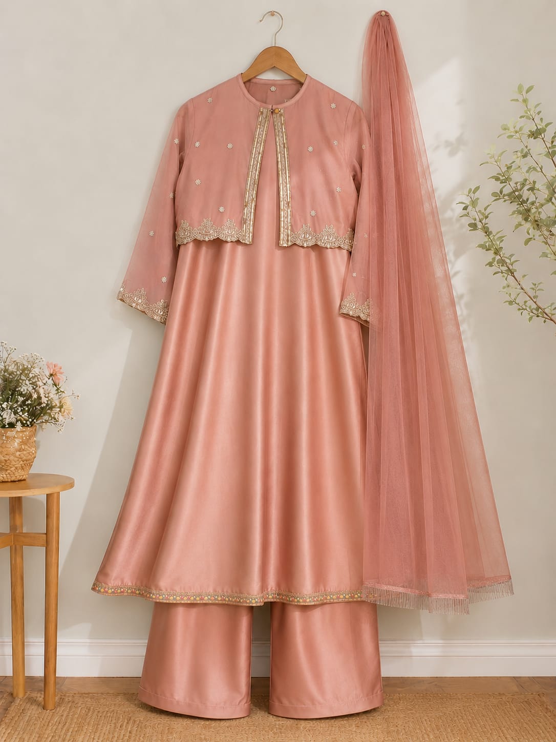 Silk maxi frock with trouser , net dupata